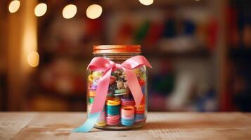 Closeup of a jar filled with old ons, ribbon ss, and other sewing notions, ready to be used in a DIY project. photo