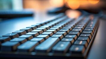Closeup of a comfortable and supportive ergonomically designed keyboard, essential for long hours of typing and working in a home office. photo