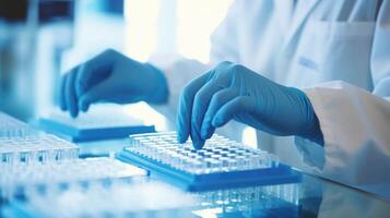 Closeup of a pair of hands carefully handling a microscope slide containing a DNA sample for examination. photo