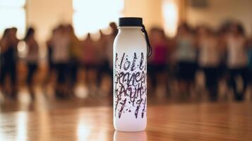 Closeup of a water bottle with dance moves written in sharpie, serving as a reminder for the dancers during their challenge. photo