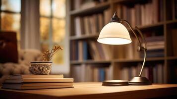 Closeup of a stylish desk lamp illuminating a set of design books and a sketchbook. photo