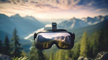 Closeup of a virtual reality headset with a serene mountain landscape projected on it. photo