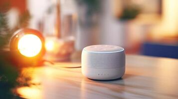 Closeup of a smart home hub with a voiceactivated voice assistant function for controlling entertainment devices. photo