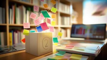 Detailed view of a digital textbook on a bookshelf, surrounded by sticky notes with study reminders. photo