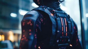 Closeup of a VR motion capture suit, with reflective markers and advanced technology for precise movement tracking. photo