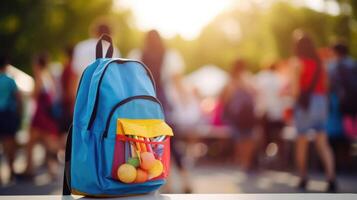 Closeup of a backpack overflowing with school supplies, emphasizing the importance of access to resources in times of crisis. photo