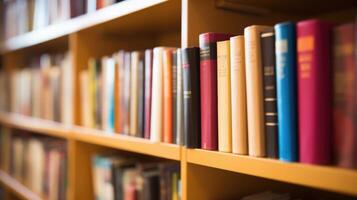 Closeup of a bookshelf filled with books on womens history and empowerment, emphasizing the importance of education in achieving gender equality. photo
