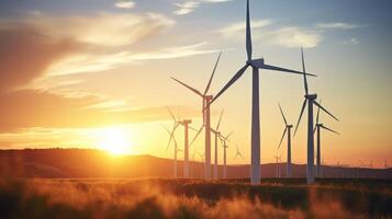 Closeup of the sun setting behind a line of wind turbines, casting a warm glow on the landscape. photo