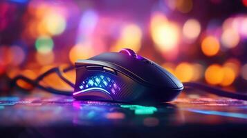 Closeup of a gaming mouse with custom ons and LED lights being used by a skilled player in an online tournament. photo