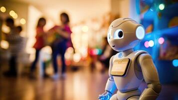 Closeup of a smart robot, engaging the children in a fun and educational game as a break from their studies. photo