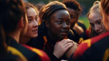 Closeup of a group of diverse teammates huddled together during a halftime pep talk. photo