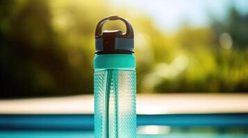 Macro view of a compact and durable sports water bottle with a grip handle and leakproof lid. photo