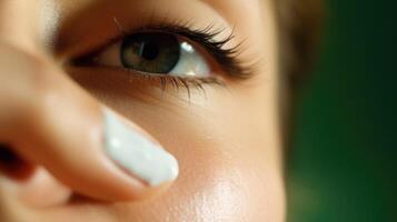 Closeup of a dab of eye cream being dotted onto the skin under the eye. photo