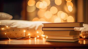 Closeup of a stack of old paperback books being turned into a unique nightstand. photo