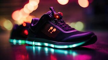 Closeup of a pair of hightech running shoes equipped with embedded sensors for tracking performance. photo