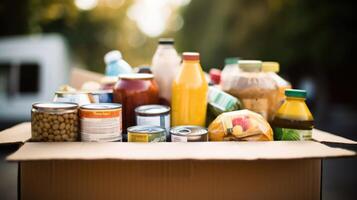 Closeup of a box filled with donated food items for a local food bank. photo