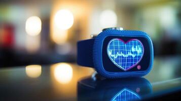 Closeup of a portable heart rate monitor, used for remote monitoring of patients with heart conditions. photo