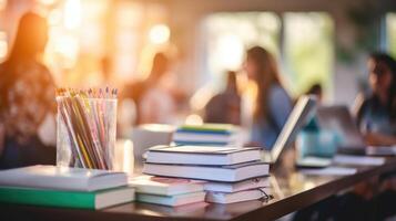 Closeup of a table cluttered with textbooks, a tablet, and stationery as a teen multitasks between different homework assignments. photo