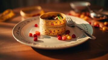 Up close view of a measuring tape wrapped around a plate of food, representing the monitoring of portions in a nutritional counseling session. photo