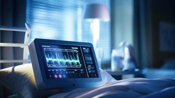 Closeup of a bedside monitor displaying realtime data from a patients remote cardiac monitoring. photo
