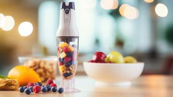 Closeup of a handheld immersion blender as it blends together fruits and oats for a healthy baby meal. photo