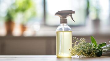Closeup of a homemade cleaning spray made with natural ingredients, an alternative to harmful chemicals for a sustainable home. photo