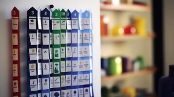 Closeup of a recycling chart hanging on the wall to help guide family members in proper sorting. photo