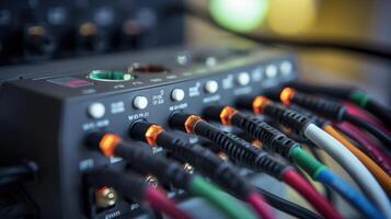 Closeup of a remote monitoring device with multiple wires and leads. photo