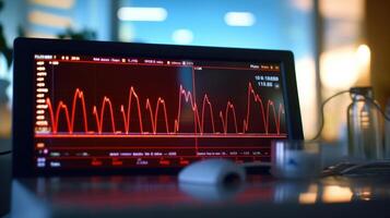 Closeup of a screen showing a live ECG reading, indicating remote cardiac monitoring is in progress. photo