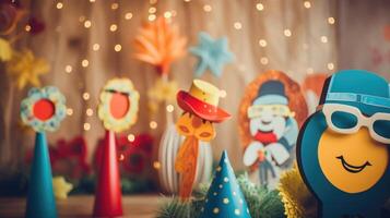 Closeup of a prop or photo booth with quirky props and a fun backdrop, a common feature at events catering to social media trends.