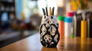 Closeup of a 3D printed pencil holder, made from recycled plastic materials and featuring a unique shape. photo