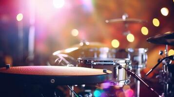 Closeup of a colorful stage set with bright lights and instruments being played. photo