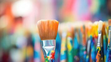 Closeup of a paintbrush covered in bright colors, symbolizing volunteering at a local art center or helping to beautify a community space. photo