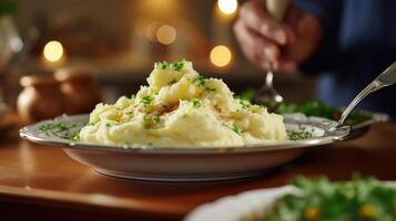 Closeup of creamy mashed potatoes being carefully piped onto a plate by a renowned chef in a live cooking webinar. photo