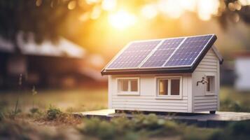 Closeup of an offgrid tiny home, fully powered by renewable energy sources such as solar panels and wind turbines. photo