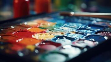 Macro image of a paint palette, filled with an array of different colors being used to meticulously paint a miniature set piece from a critically acclaimed television series. photo