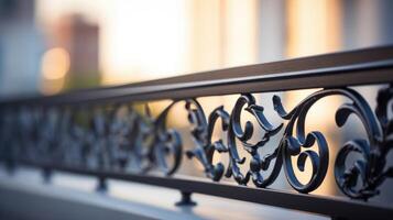 Closeup of a ornate wrought iron balcony railing on a contemporary highrise. photo
