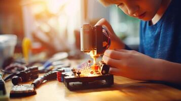 Closeup of a teens hand holding a soldering iron, while programming a robotic hand to grip objects. photo