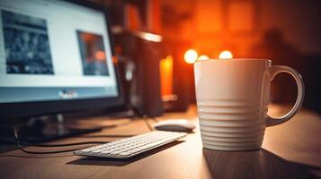 Closeup of a branded coffee mug next to a computer keyboard, essential for staying alert during a podcast recording. photo