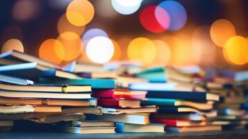 Closeup of a stack of digital textbooks with colorful covers. photo