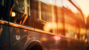 Upclose image of the sleek design and branding on the side of a public transport bus. photo