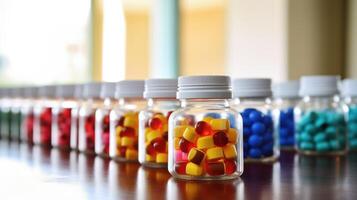 Closeup of a collection of prescription bottles, emphasizing the importance of properly managing and taking medication as prescribed for optimal health. photo