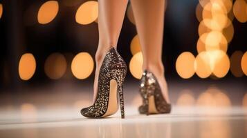 Closeup of a pair of spy, embellished stiletto heels walking confidently down the runway. photo