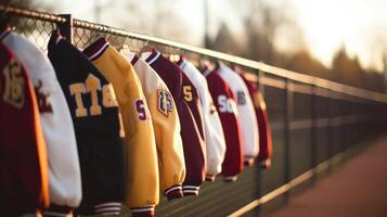 Closeup of a group of varsity jackets hanging on a fence, signifying the pride and sense of belonging that comes with being part of a sports community. photo