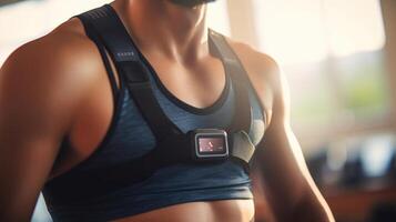 Closeup of a fitness tracker on a patients chest, monitoring their breathing and respiratory rate. photo