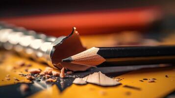 Closeup of a broken pencil on a notebook, symbolizing technical difficulties and frustrations in distance learning. photo