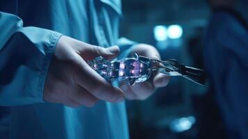 Closeup of a surgeons hand holding a specialized tool that connects to an AI system for more precise incisions. photo