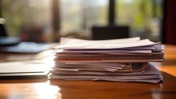 Zoomedin view of a stack of bills and invoices, showcasing the financial considerations involved in balancing work and family life. photo