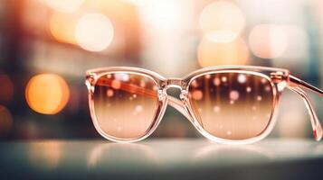 Closeup of a chic pair of rectangular sunglasses with wire frames and rose gold mirrored lenses. photo