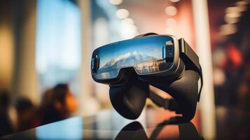 Closeup of a virtual reality headset used in the museum tour experience. photo